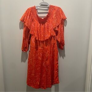 1. State Vibrant Orange Paisley Smock Waist Women’s Long Sleeve Dress